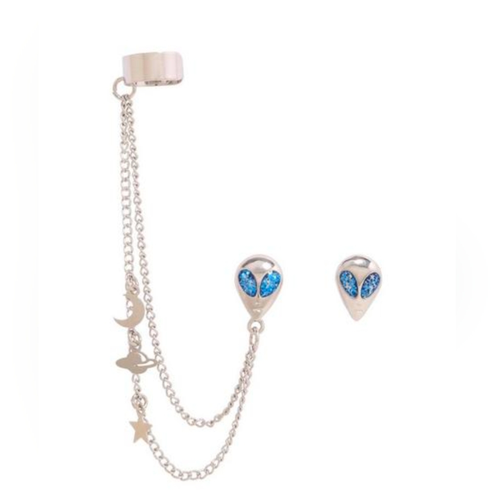Blackheart Silver Alien Chain Earrings with Blue Accents